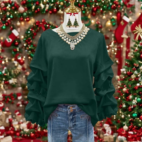 CQONEPT Women's Sweatshirts Pleated Sleeve Pullover Tops Crewneck Solid Color Shirts Lounge Fall Fashion Tops Green 2XL