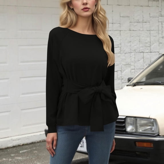 CQONEPT Women's Sweatshirts Tie Front Crewneck Pullover Tops Color Block Raglan Sleeve Tunic Tops Fall Winter Clothes Black M