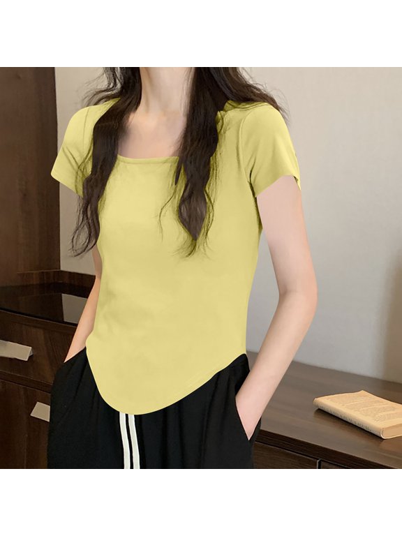 Women's Tees Square Neck Short Sleeve T Shirts Y2K Cute Going Out Tops Summer Lounge Tops Trendy Blouse Yellow L