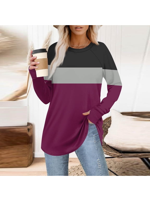 Women's Tunic Tops with Thumb Hole Shirts Lounge Crew Neck Curved Hem Long Sleeve Fashin Basic Tees Hot Pink Hot Pink,M