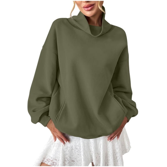 CQONEPT Women's Turtleneck Hoodie Fleece Oversized Pullover Army Green M