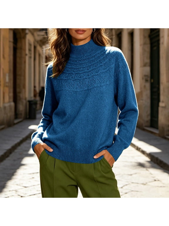 Women's Turtleneck Sweater Chunky Long Sleeve Knitted Pullover Warm Fall Trendy Fall Winter Basic Jumper Top Blue S