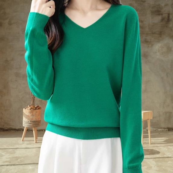 CQONEPT Women's V Neck Knit Sweater Pullover Top Fall Warm Casual Long Sleeve Soft Fleece Comfortable Blouse Green Green,L