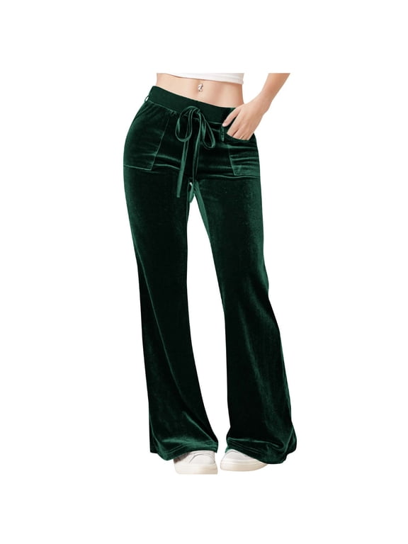 Women's Velour Pants Drawstring Lounge Baggy Wide Leg Pants Bell Bottom Warm Fall Winter Trendy Fashion Pant with Pockets Army Green L