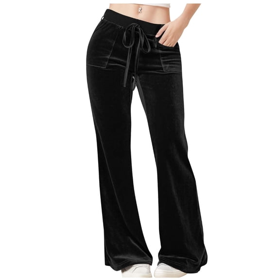CQONEPT Women's Velour Pants Drawstring Lounge Baggy Wide Leg Pants Bell Bottom Warm Fall Winter Trendy Fashion Pant with Pockets Black XL