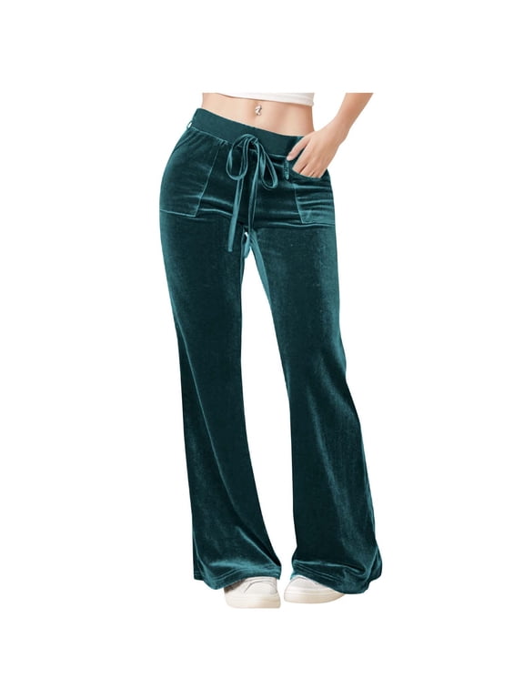 Women's Velour Pants Drawstring Lounge Baggy Wide Leg Pants Bell Bottom Warm Fall Winter Trendy Fashion Pant with Pockets Navy L