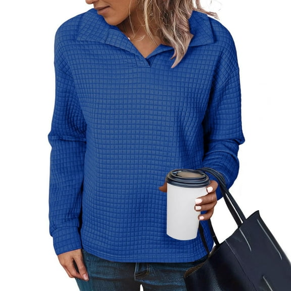 CQONEPT Women's Waffle Blouse Lapel Neck Casual Pullover Tops Going Out Activewear Long Sleeve Shirts Blue S