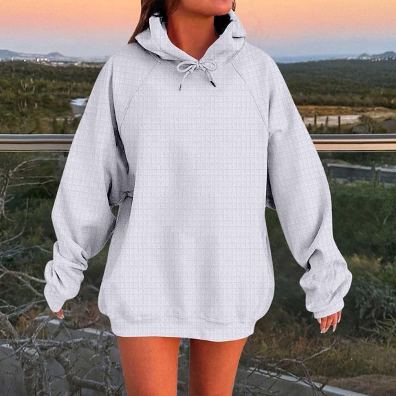 CQONEPT Women's Waffle Hoodie Loose Drawstring Pullover White S