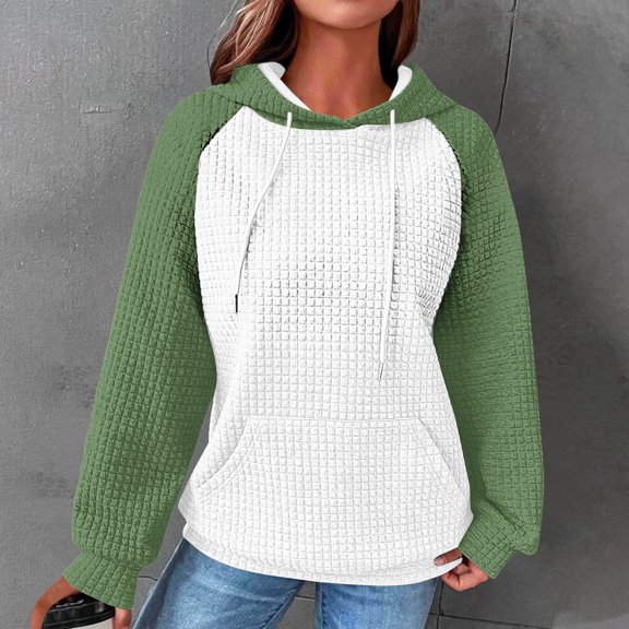 CQONEPT Women's Waffle Knit Hoodie Drawstring Pullover Top Green S