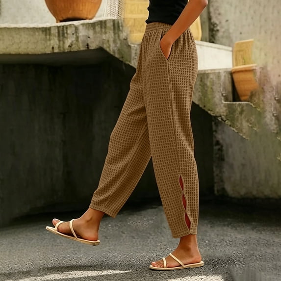 CQONEPT Women's Waffle Knit Sweatpants Baggy High Waisted Joggers Pant with Pockets Athletic Workout Lounge Fashion Trousers Brown M