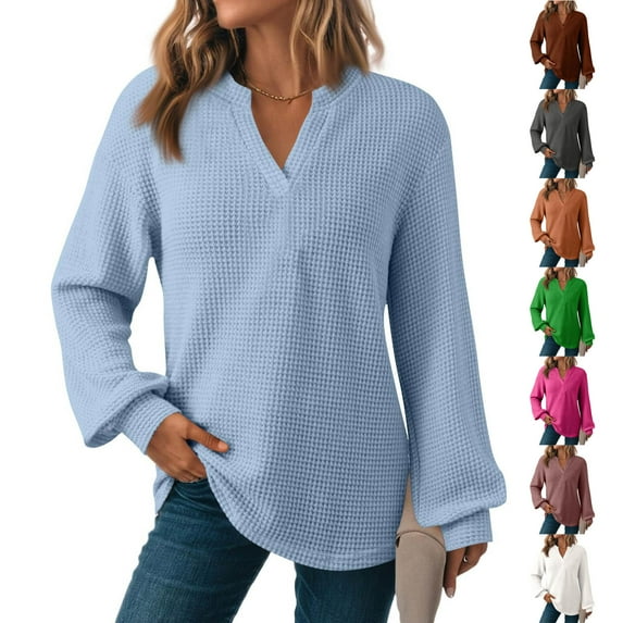 CQONEPT Women's Waffle Knit Tunic Top Trendy V-Neck Pullover for Work Fall Casual Loose Fit Blouse Orange L