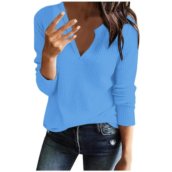 CQONEPT Women's Waffle Shirts V Neck Long Sleeve Tops Lounge Cute Pullover Trendy Outdoor Tunic Tops Blue 2XL
