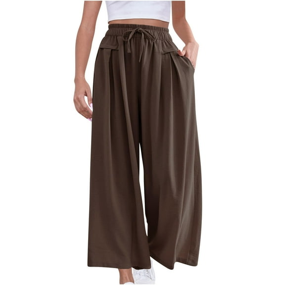 CQONEPT Women's Wide Leg Boho Pants Drawstring Flowy Elastic Waist Pants Trendy Streetwear Pant with Pockets Brown S