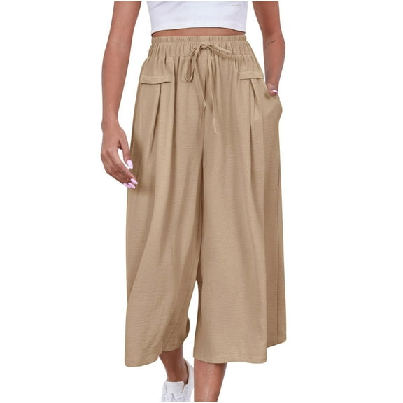 CQONEPT Women's Wide Leg Boho Pants Drawstring Flowy Elastic Waist Pants Trendy Streetwear Pant with Pockets Khaki S