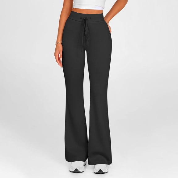 CQONEPT Women's Wide Leg Yoga Pants Drawstring Bell Bottom High Waist Pant Trendy Fashion Workouts Trousers Black M