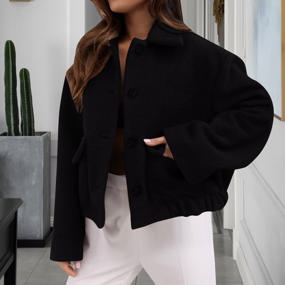 CQONEPT Women's Winter Cropped Sherpa Coat Breasted Comfy Casual Loose Fit Short Wool Blend Warm Pea Coat with Pockets Black S