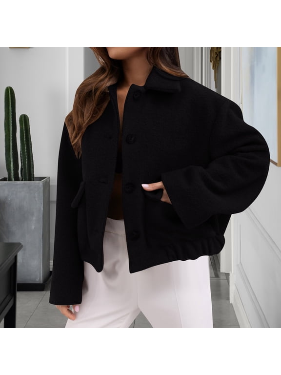 Women's Winter Cropped Sherpa Coat Breasted Comfy Casual Loose Fit Short Wool Blend Warm Pea Coat with Pockets Black S