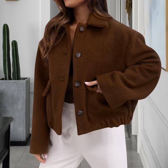 CQONEPT Women's Winter Cropped Sherpa Coat Breasted Comfy Casual Loose Fit Short Wool Blend Warm Pea Coat with Pockets Coffee S