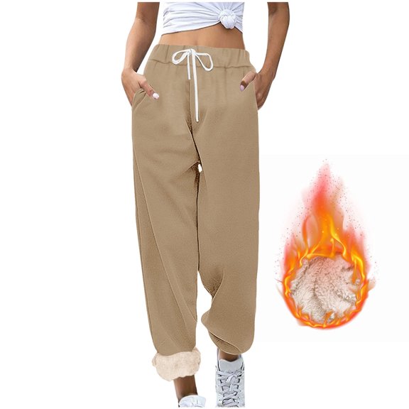 CQONEPT Women's Winter Pants Fleece Lined Drawstring Elastic Waist Tapered Pant Warm Cozy Trendy Trousers with Pockets Khaki XL