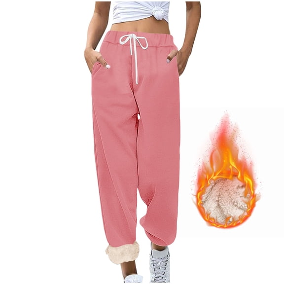 CQONEPT Women's Winter Pants Fleece Lined Drawstring Elastic Waist Tapered Pant Warm Cozy Trendy Trousers with Pockets Pink XL