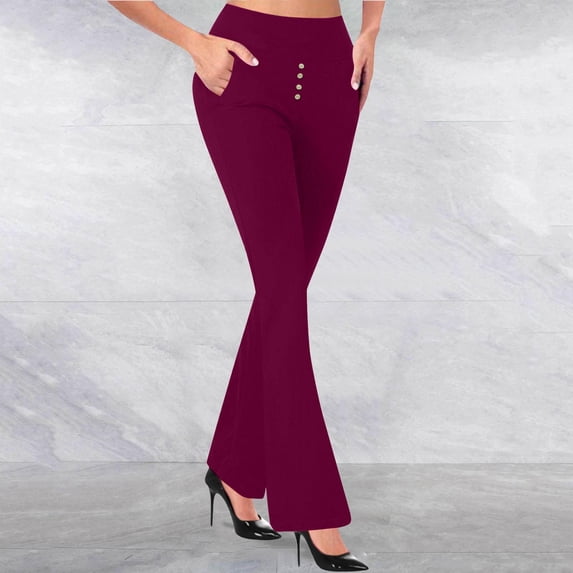 CQONEPT Women's Work Pants High Waist Dressy Business Casual Flared Yoga Leggings Stretch Trousers Workout Slacks Wine 2XL