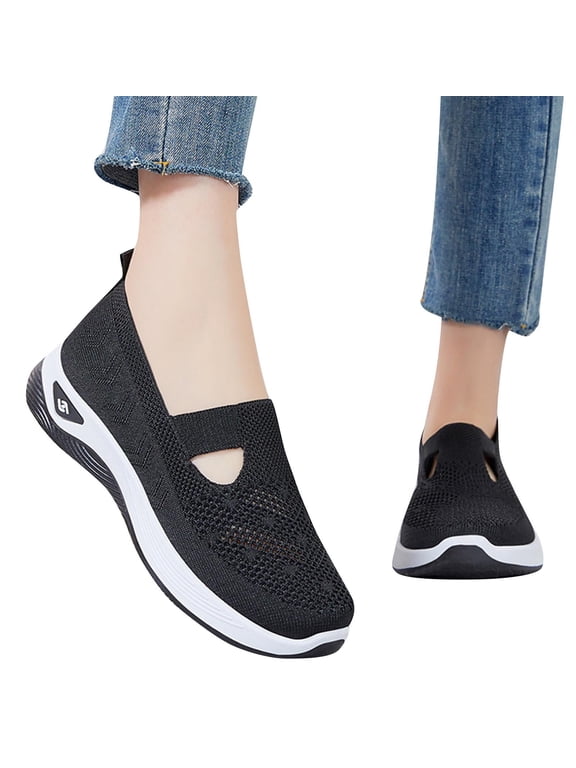 Women's Woven Breathable Soft Sole Shoes - 2025 Non-Slip Walking Slip on Foam Shoes, Lightweight Comfort Platform Mesh Slip in Sneakers Arch Support Size 6 Black
