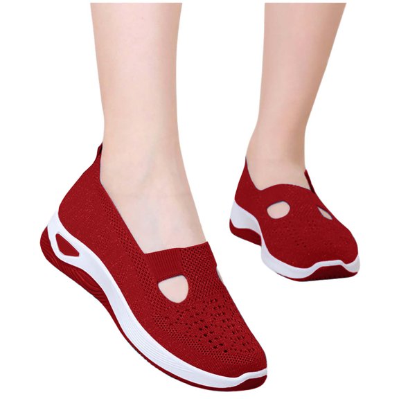 CQONEPT Women's Woven Breathable Soft Sole Shoes - 2025 Non-Slip Walking Slip on Foam Shoes, Lightweight Comfort Platform Mesh Slip in Sneakers Arch Support Size 9.5 Wine