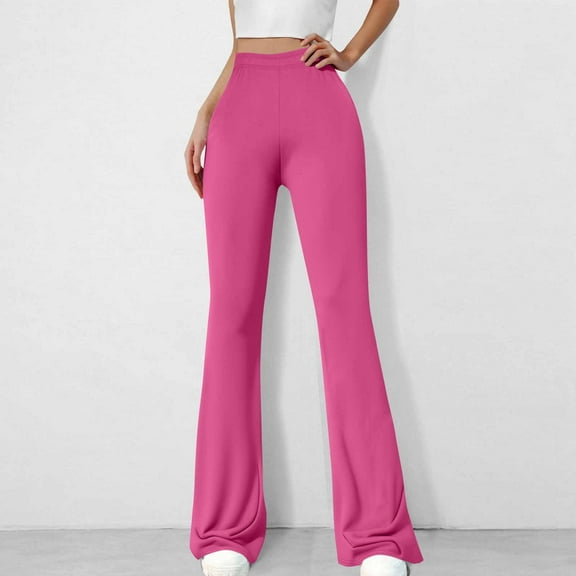 CQONEPT Women's Yoga Pants Flared Tummy Control Stretchy Casual Leggings High Rise Loose Fit Sports Running Pant Hot Pink XL