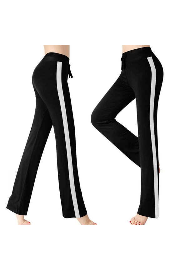 Women's Yoga Pants Side Striped Tummy Control Casual Leggings Baggy Stretchy Wide Leg Drawstring Pant Black M