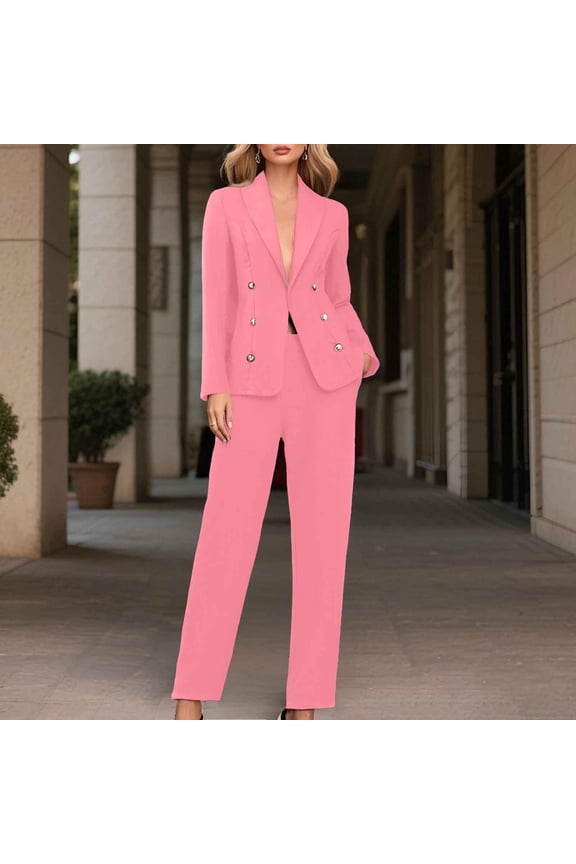 Womens 2 Piece Blazer Sets Double Breasted Dress Pant with Pockets Suit Business Casual Outfits for Work Office Pink 2XL