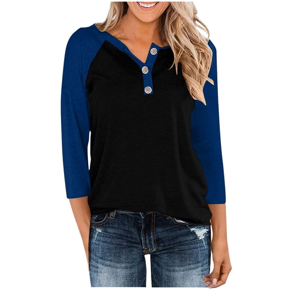 CQONEPT Womens 3/4 Sleeve Tops Color Block Blouse Henley Button Pullover V Neck Trendy Tunic Tops Blue XL
