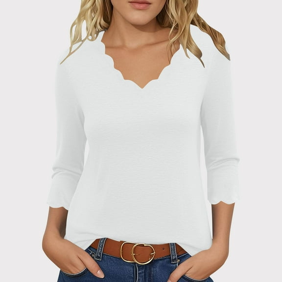 CQONEPT Womens 3/4 Sleeve Tops Fall Fashion Ruffle Tunic Tops Lounge Scoop Neck Going Out Blouse White 3XL