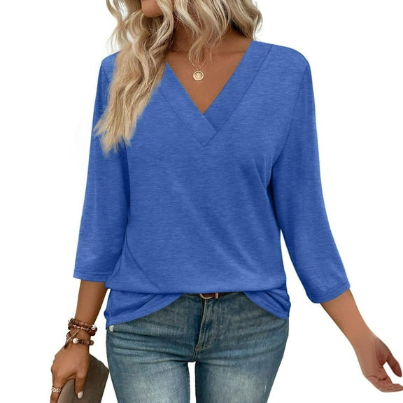 CQONEPT Womens 3/4 Sleeve Tops V Neck Lounge Blouse Loose Fit Plain Shirts Rolled Up Outdoor Pullover Tops Blue M