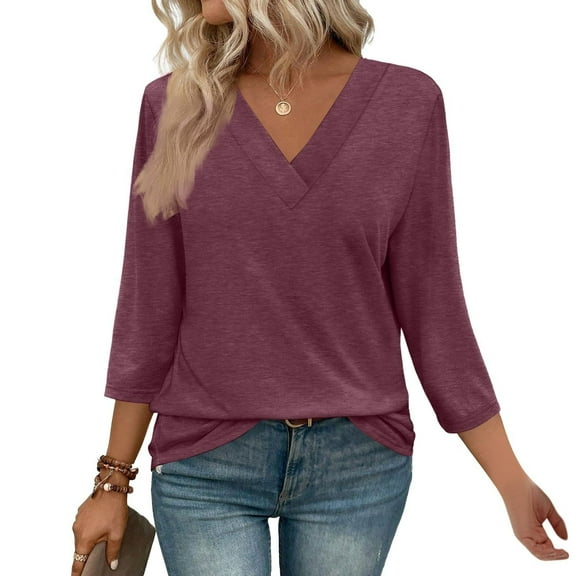 CQONEPT Womens 3/4 Sleeve Tops V Neck Lounge Blouse Loose Fit Plain Shirts Rolled Up Outdoor Pullover Tops Wine M