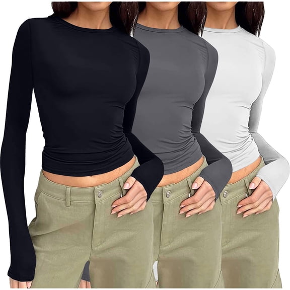 CQONEPT Womens 3 Pack Tops Crewneck Contoured Fit Undershitrts Stretchy Casual Long Sleeve Tunic Tops Solid Color Shirts Black L