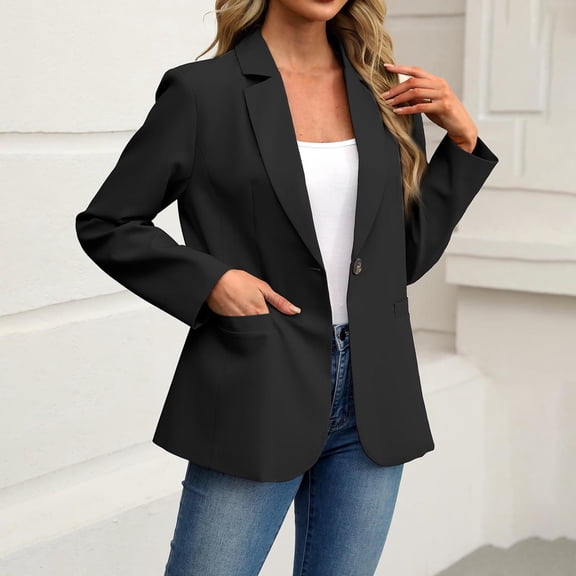 CQONEPT Womens Blazer Notched Collar Jackets Work Slacks Cardigan Overcoat Lounge Winter Clothes with Pockets Black M