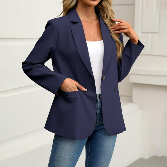 CQONEPT Womens Blazer Notched Collar Jackets Work Slacks Cardigan Overcoat Lounge Winter Clothes with Pockets Navy XL
