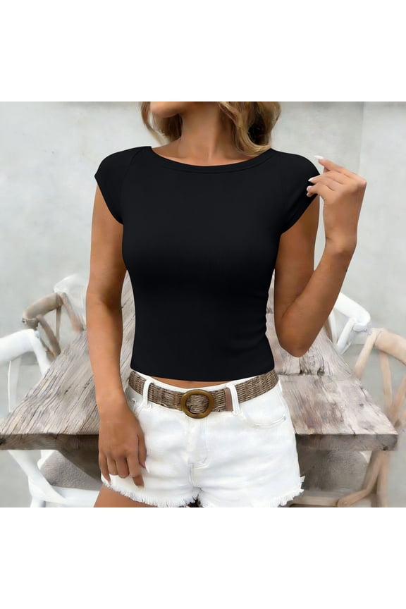 Womens Blouse Tops Short Top Summer Casual Contoured Fit Slim Fitted Crewneck Tunic Tops Short Sleeve Shirt Black XL