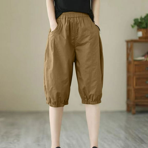 CQONEPT Womens Capris Harem Pants Summer Elastic Waist Pants Casual Loose Fit Twill Chino Pants with Pockets Yellow 2XL
