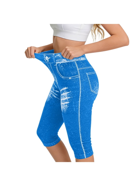 Womens Capris Pant Yoga Stretchy Leggings Skinny Leg Summer Workout Cropped Pants with Pockets Blue XL