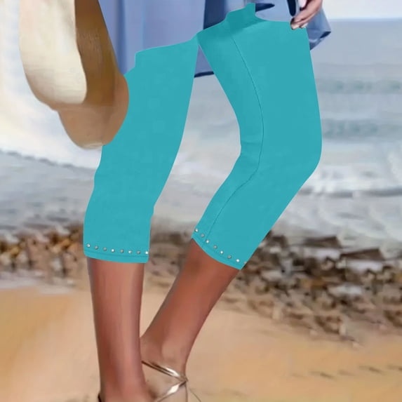 CQONEPT Womens Capris Pants Petite High Waisted Summer Short Solid Color Summer Beach Outdoor Short Pants for Yoga Sky Blue XL
