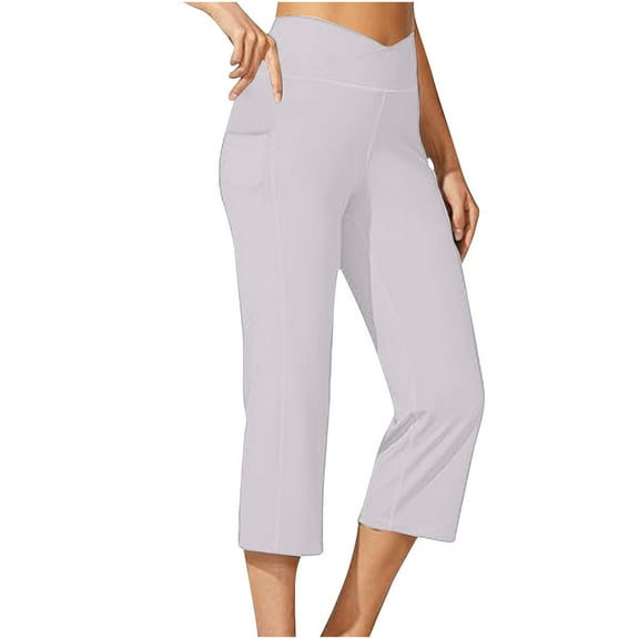 CQONEPT Womens Capris Yoga Pants with Pockets Crossover Tummy Control Pants Wide Leg Stretchy Trousers Gray S