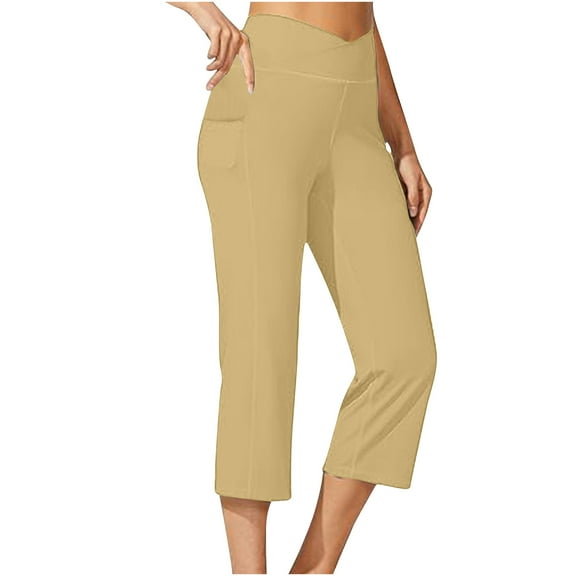 CQONEPT Womens Capris Yoga Pants with Pockets Crossover Tummy Control Pants Wide Leg Stretchy Trousers Khaki S