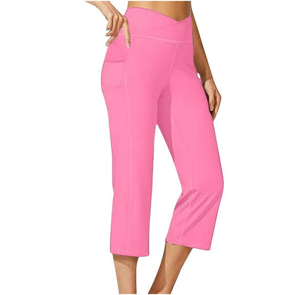 CQONEPT Womens Capris Yoga Pants with Pockets Crossover Tummy Control Pants Wide Leg Stretchy Trousers Pink M