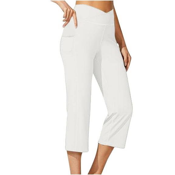 CQONEPT Womens Capris Yoga Pants with Pockets Crossover Tummy Control Pants Wide Leg Stretchy Trousers White L