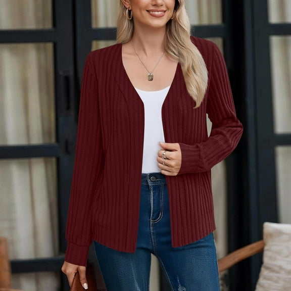 CQONEPT Womens Cardigans Long Sleeve Shirts Office Slacks Sweaters Lounge Ribbed Fall Fashion Blouse Wine M