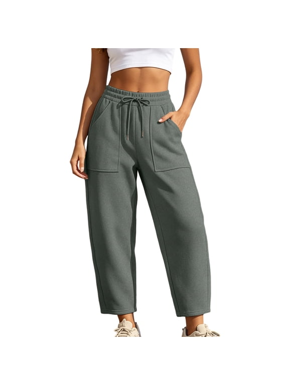 Womens Jogger Capris High Waisted Barrel Baggy Sweatpants Wide Leg Dress Casual Cropped Trousers with Pockets Khaki 2XL