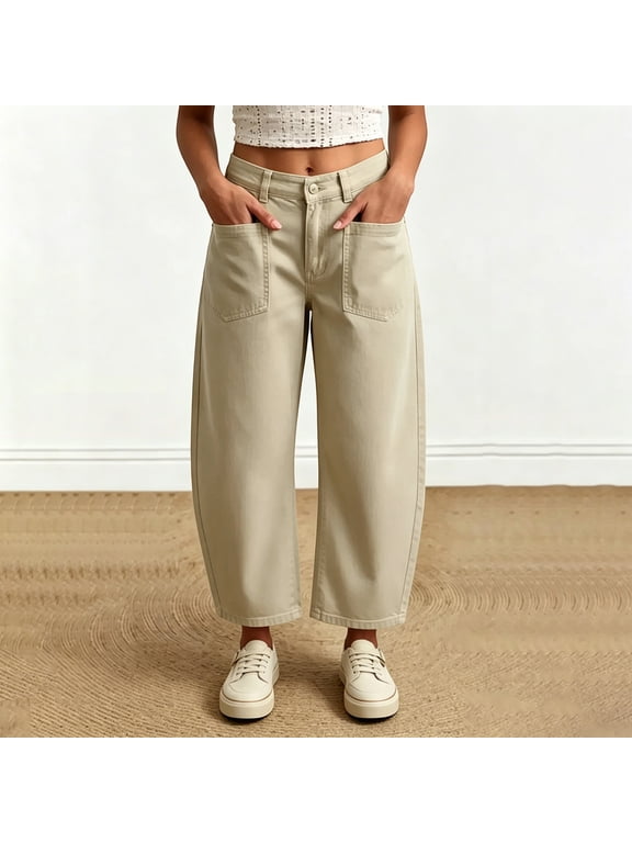 Womens Cargo Capris High Waisted Barrel Baggy Cargo Pants Wide Leg Dress Casual Cropped Trousers with Pockets Khaki L