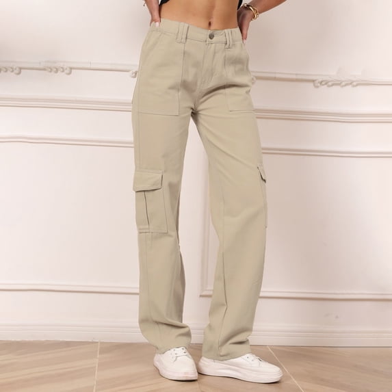CQONEPT Womens Cargo Jeans Lounge Loose Fit Straight Leg Denim Pants Trendy Button Camping Hiking Pant with 6 Pockets Khaki XXL