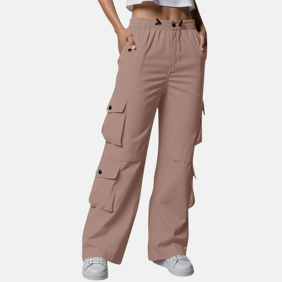 CQONEPT Womens Cargo Pants Drawstring Elastic Waist Causal Trousers Wide Leg Athletic Outdoors Pants with 7 Pockets Beige S